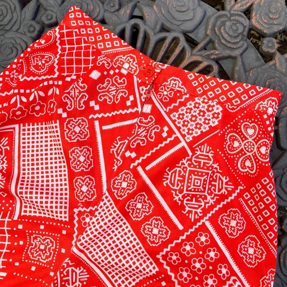 Vintage 1960s 1970s Red White Western Bandana Patchwork Print Wide Pants Sz XXS - Picture 9 of 12